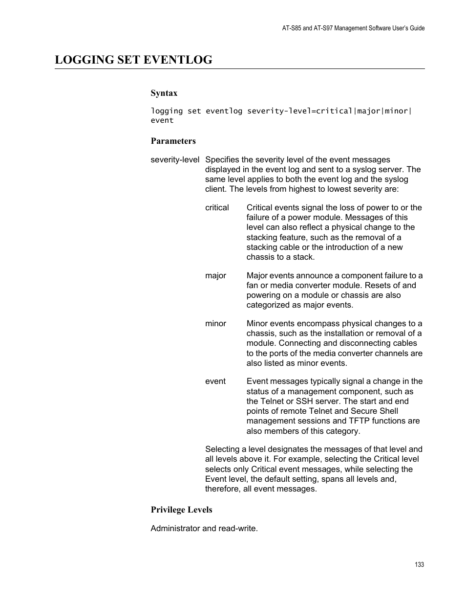 Logging set eventlog | Allied Telesis AT-S97 User Manual | Page 133 / 248