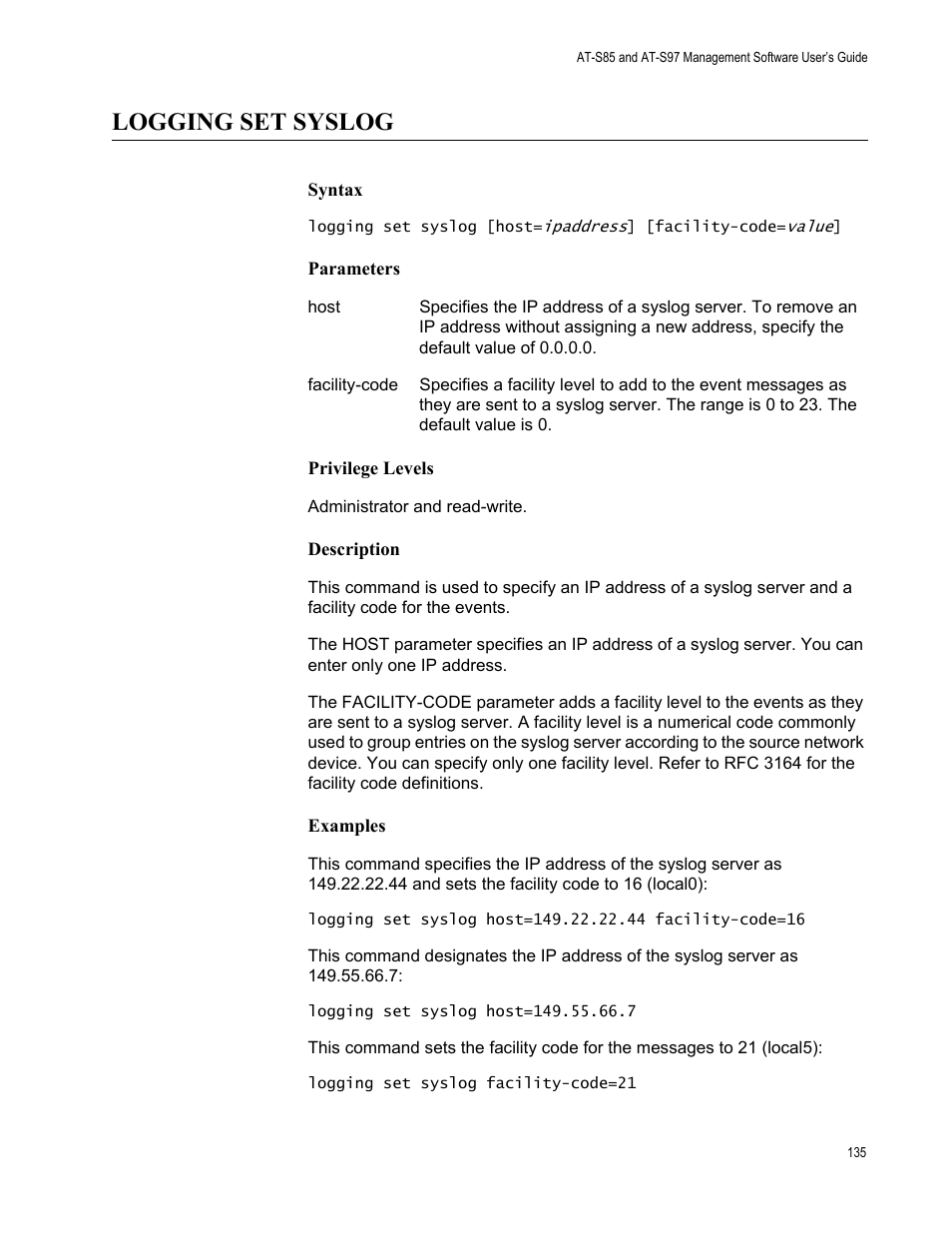 Logging set syslog | Allied Telesis AT-S97 User Manual | Page 135 / 248