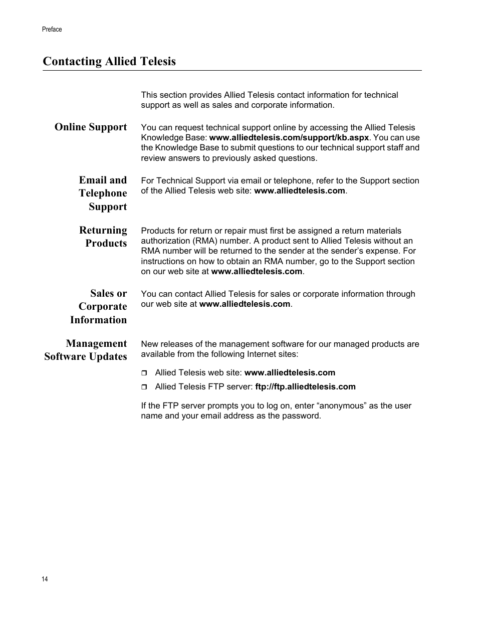 Contacting allied telesis, Online support, Email and telephone support | Returning products, Sales or corporate information, Management software updates | Allied Telesis AT-S97 User Manual | Page 14 / 248