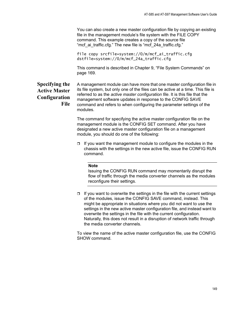 Specifying the active master configuration file | Allied Telesis AT-S97 User Manual | Page 149 / 248