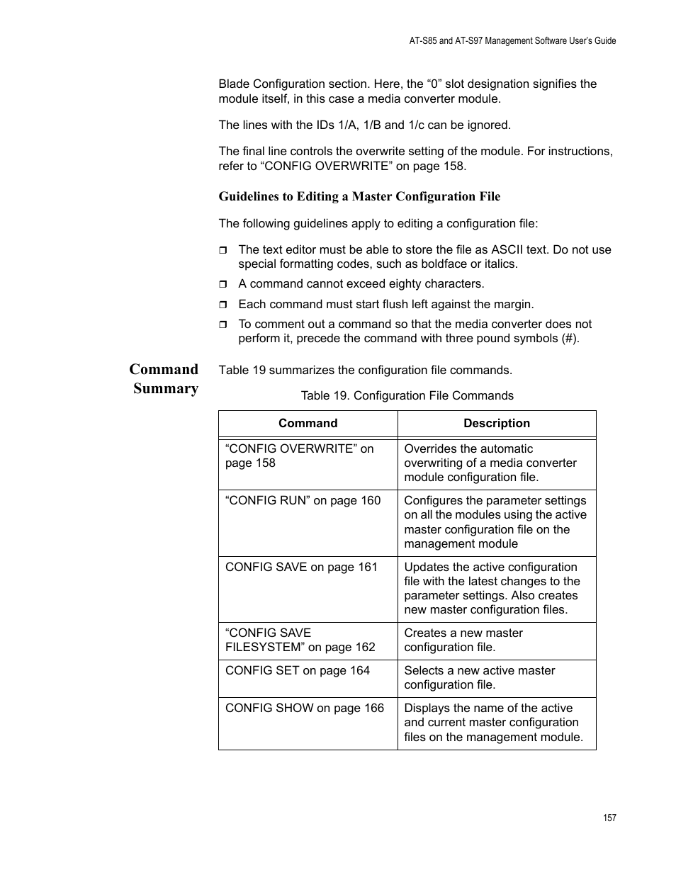 Command summary, Table 19: configuration file commands | Allied Telesis AT-S97 User Manual | Page 157 / 248