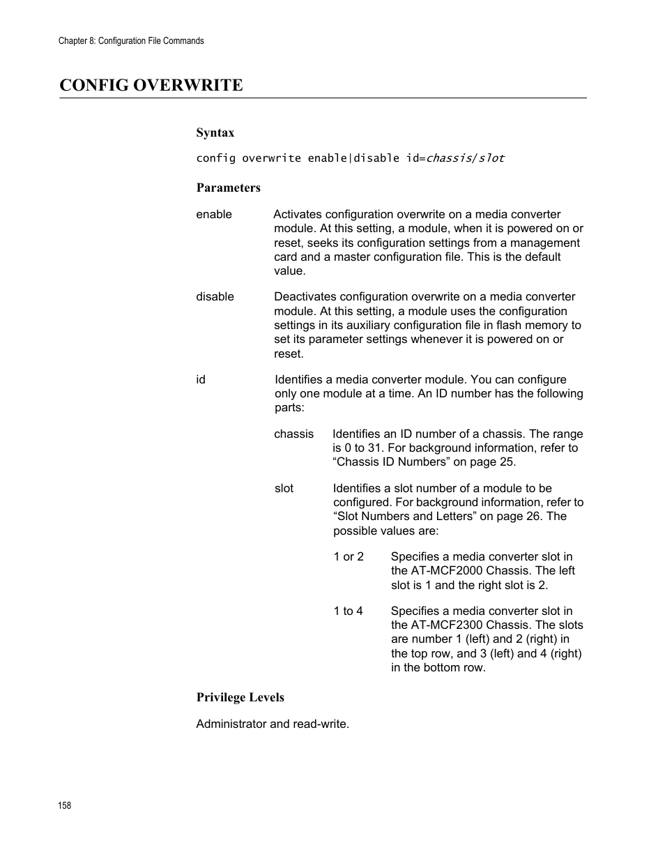 Config overwrite | Allied Telesis AT-S97 User Manual | Page 158 / 248