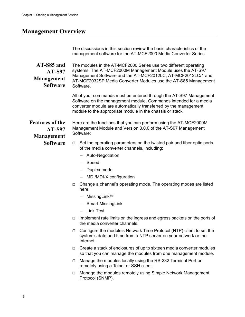 Management overview, At-s85 and at-s97 management software, Features of the at-s97 management software | Allied Telesis AT-S97 User Manual | Page 16 / 248