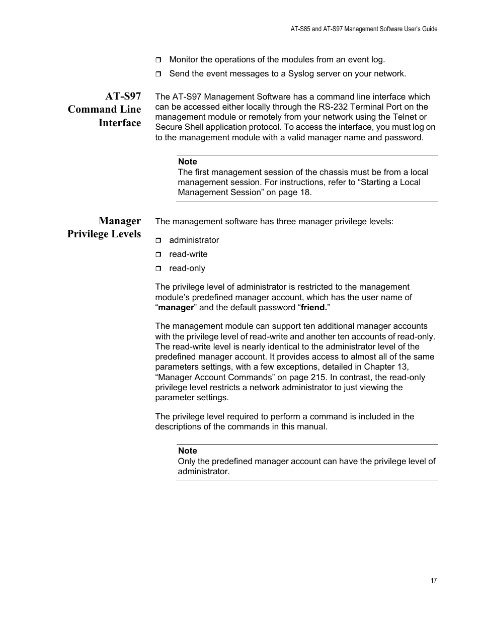 At-s97 command line interface, Manager privilege levels | Allied Telesis AT-S97 User Manual | Page 17 / 248