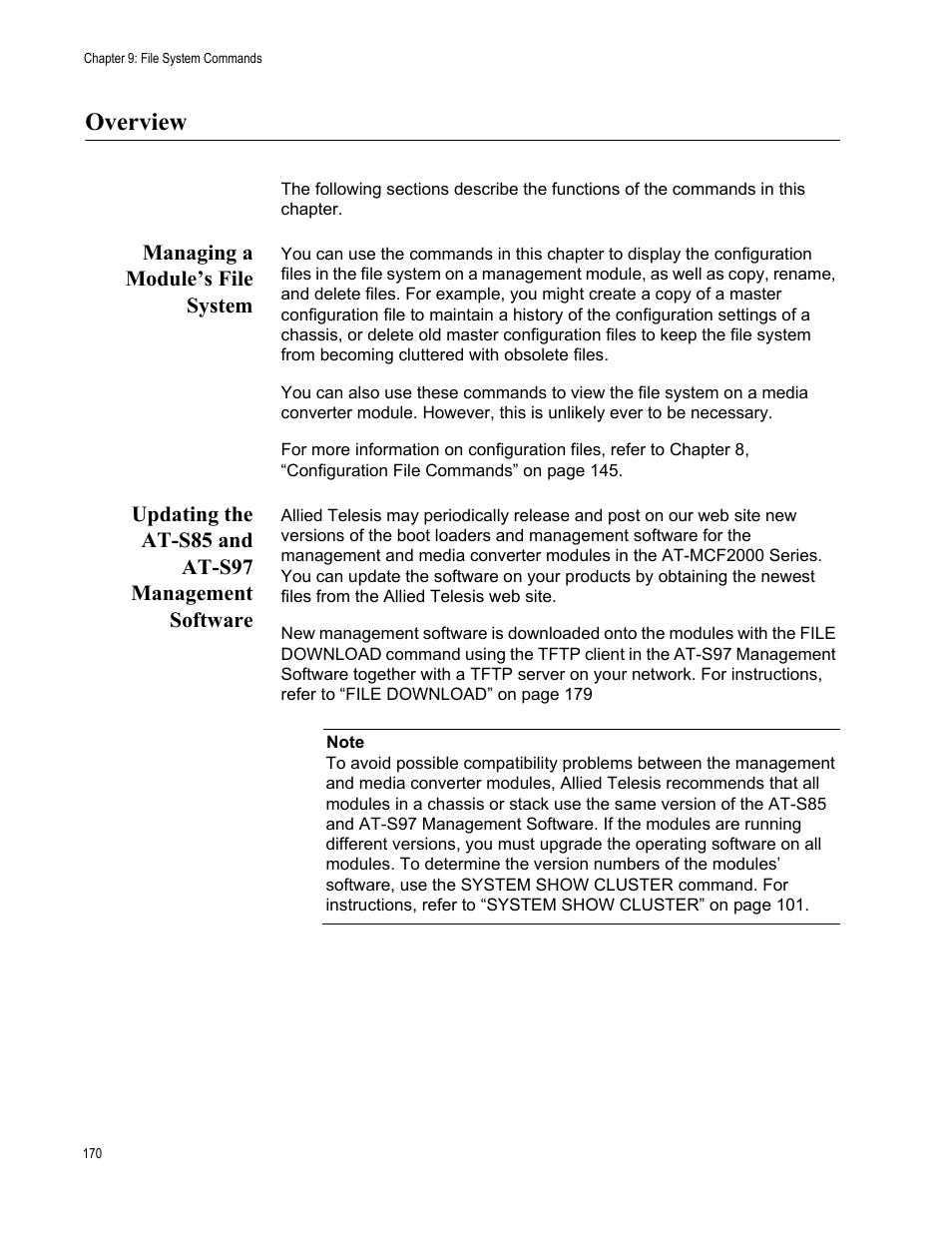 Overview, Managing a module’s file system, Updating the at-s85 and at-s97 management software | Allied Telesis AT-S97 User Manual | Page 170 / 248