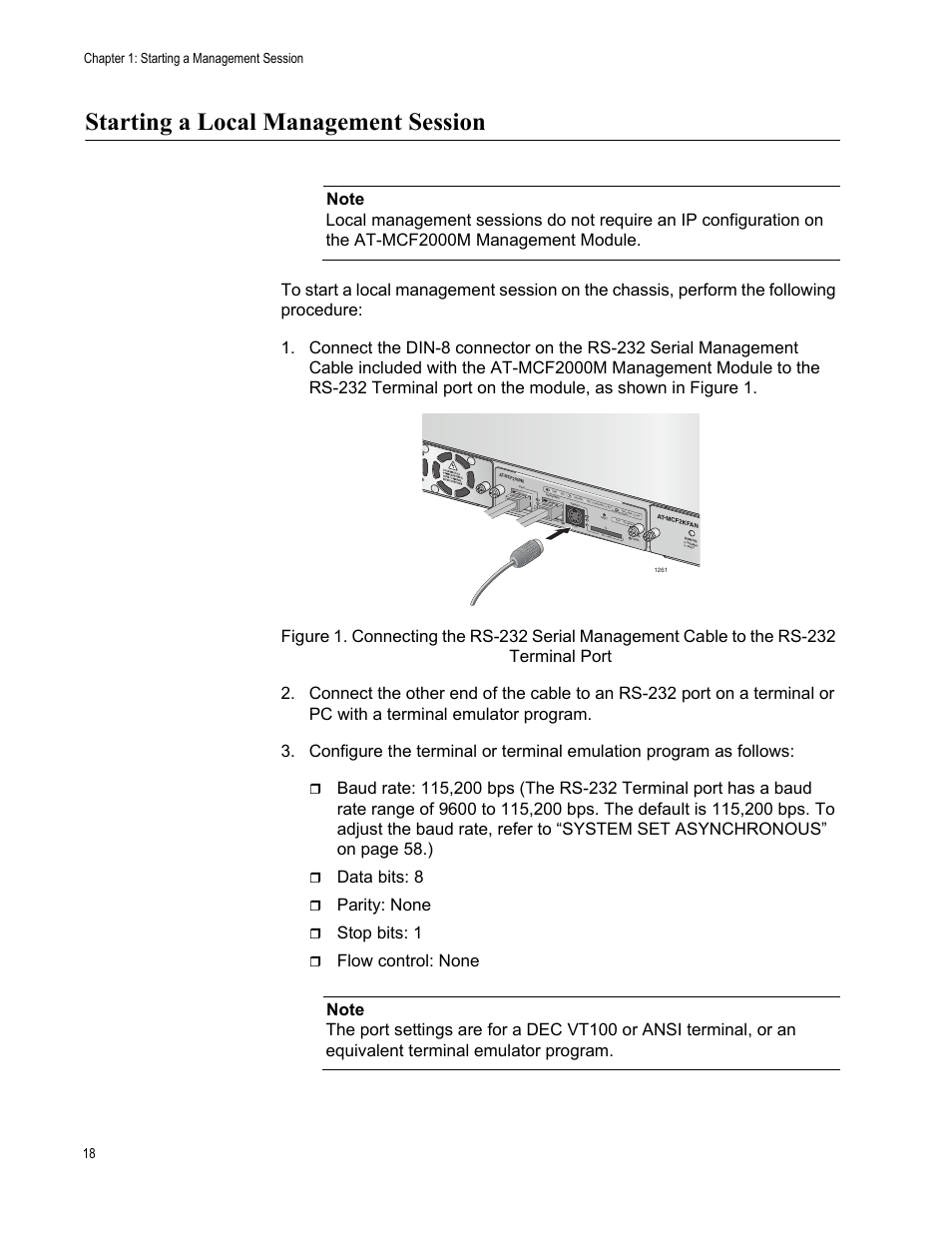 Starting a local management session, Data bits: 8, Parity: none | Stop bits: 1, Chapter 1: starting a management session 18, Rdy busy, Boot rdy fault | Allied Telesis AT-S97 User Manual | Page 18 / 248