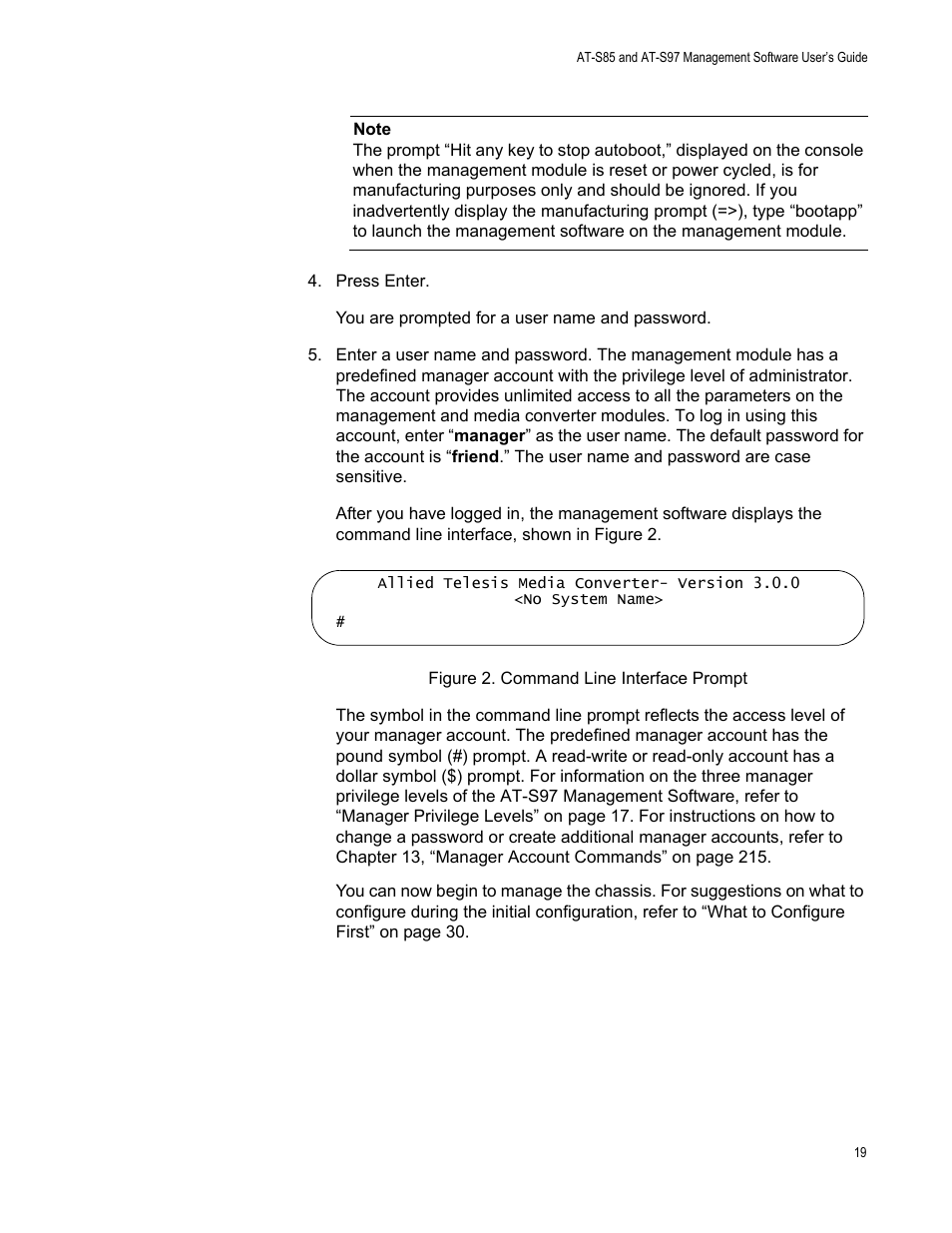 Figure 2: command line interface prompt | Allied Telesis AT-S97 User Manual | Page 19 / 248