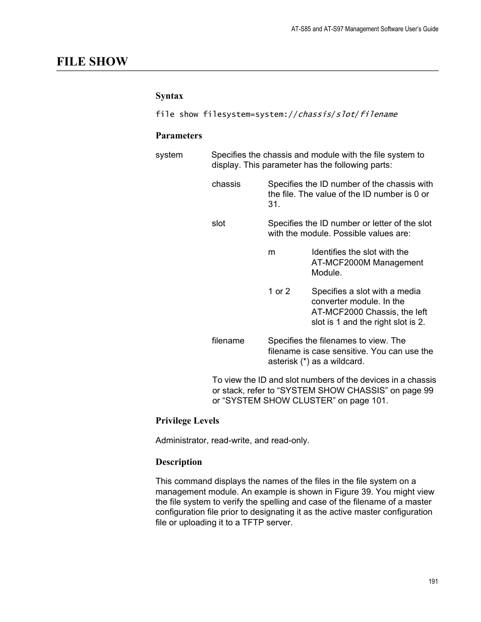File show | Allied Telesis AT-S97 User Manual | Page 191 / 248