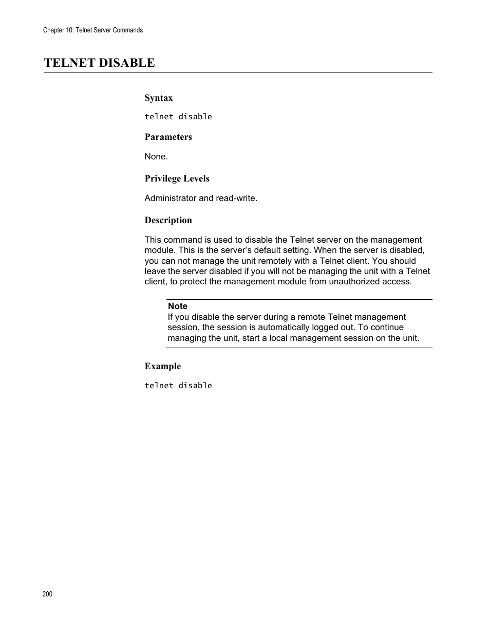 Telnet disable | Allied Telesis AT-S97 User Manual | Page 200 / 248