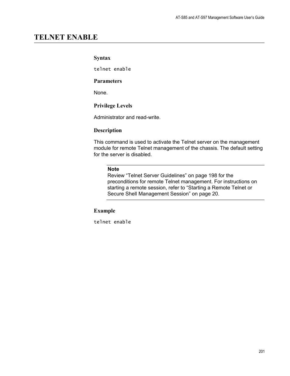 Telnet enable | Allied Telesis AT-S97 User Manual | Page 201 / 248