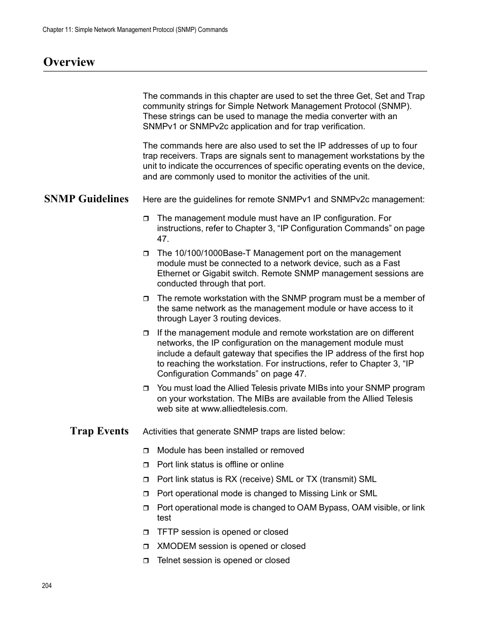 Overview, Snmp guidelines, Trap events | Snmp guidelines trap events | Allied Telesis AT-S97 User Manual | Page 204 / 248