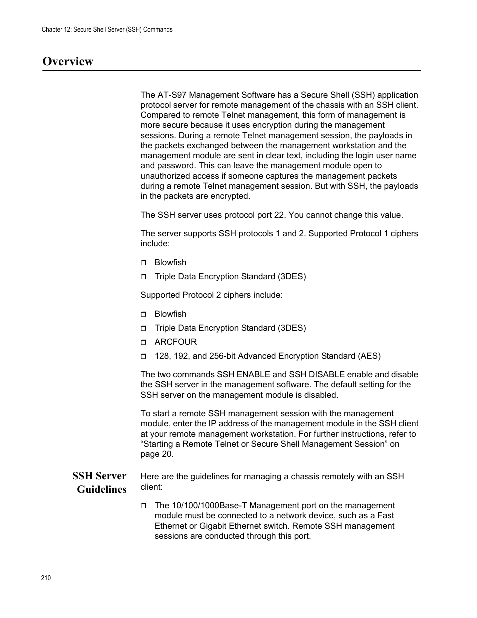 Overview, Ssh server guidelines | Allied Telesis AT-S97 User Manual | Page 210 / 248