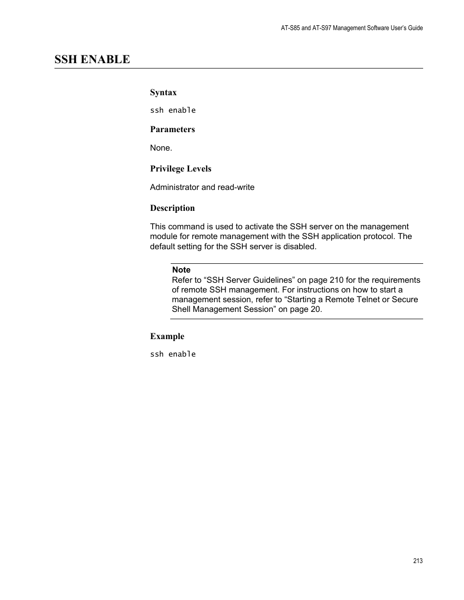 Ssh enable | Allied Telesis AT-S97 User Manual | Page 213 / 248