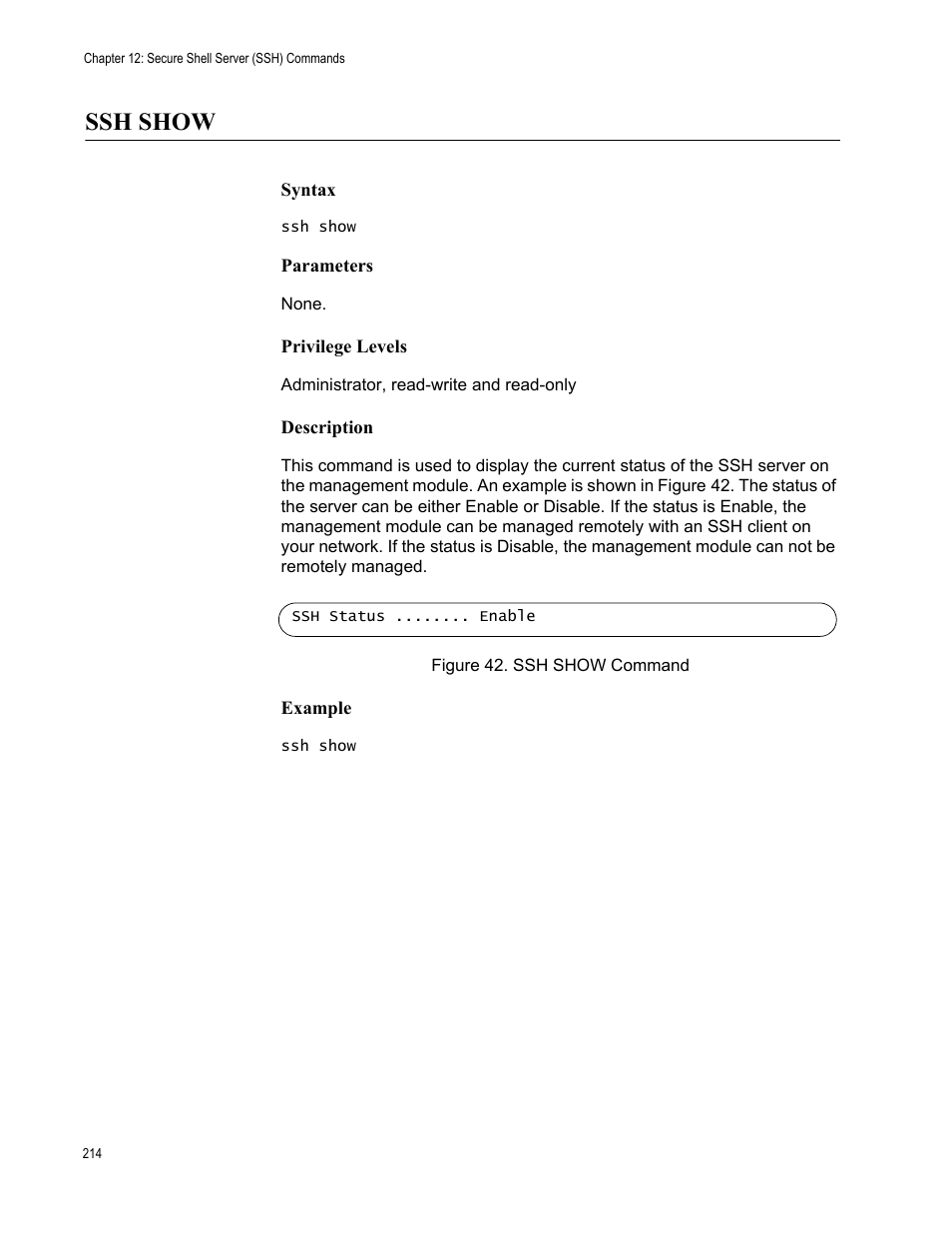 Ssh show, Figure 42: ssh show command | Allied Telesis AT-S97 User Manual | Page 214 / 248