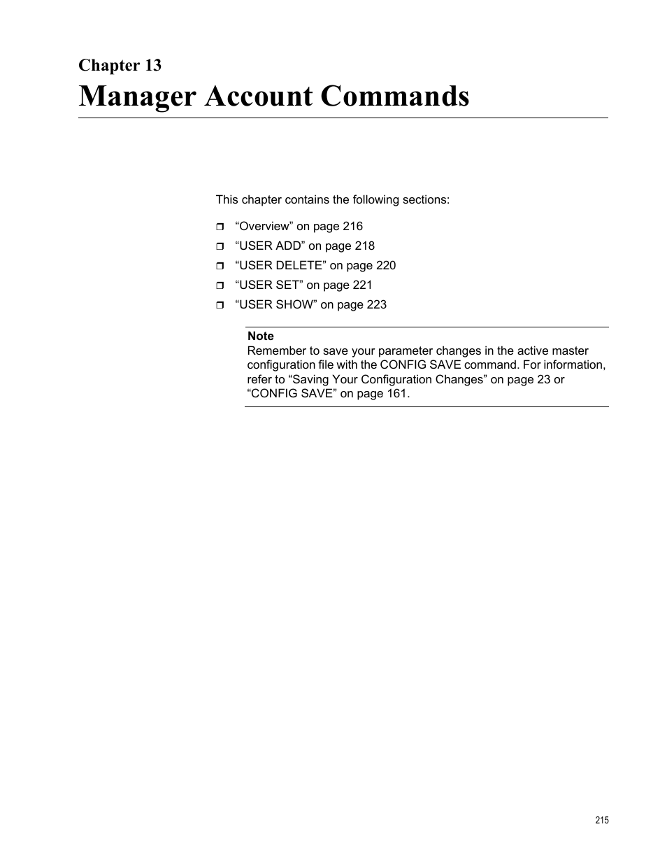 Chapter 13, Manager account commands | Allied Telesis AT-S97 User Manual | Page 215 / 248