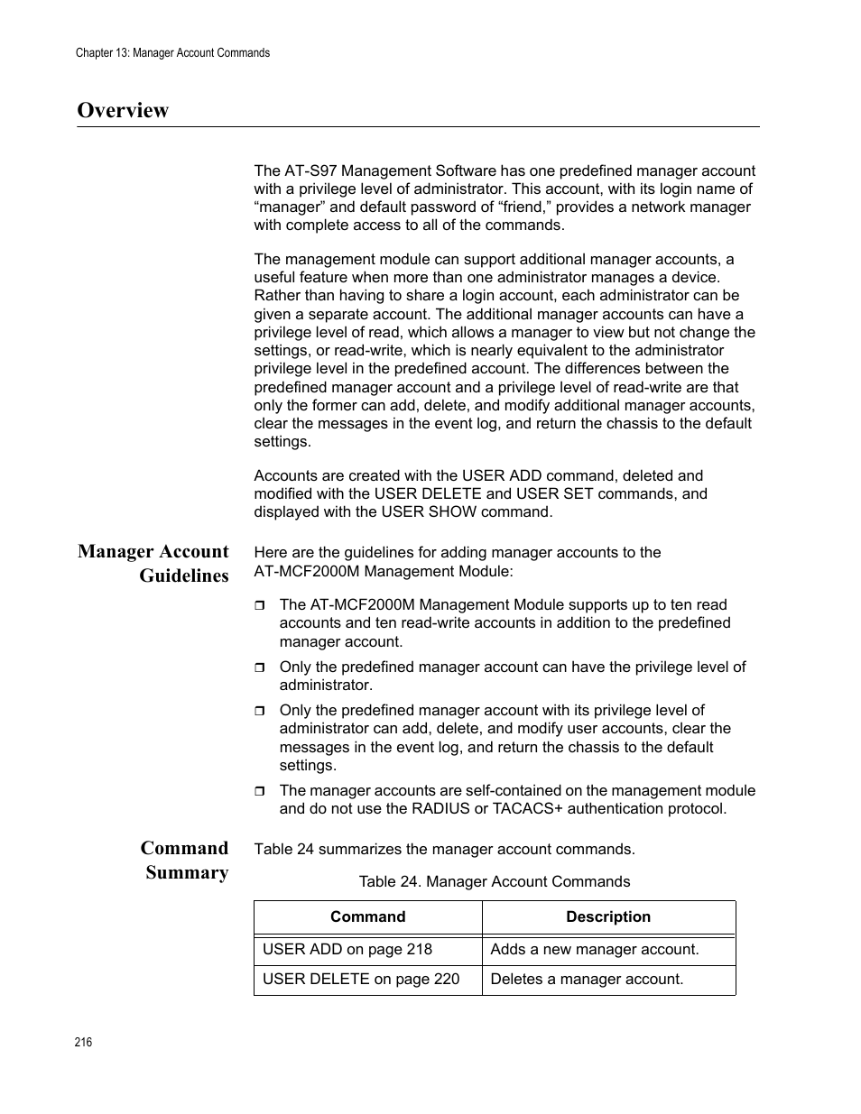 Overview, Manager account guidelines, Command summary | Manager account guidelines command summary, Table 24: manager account commands | Allied Telesis AT-S97 User Manual | Page 216 / 248