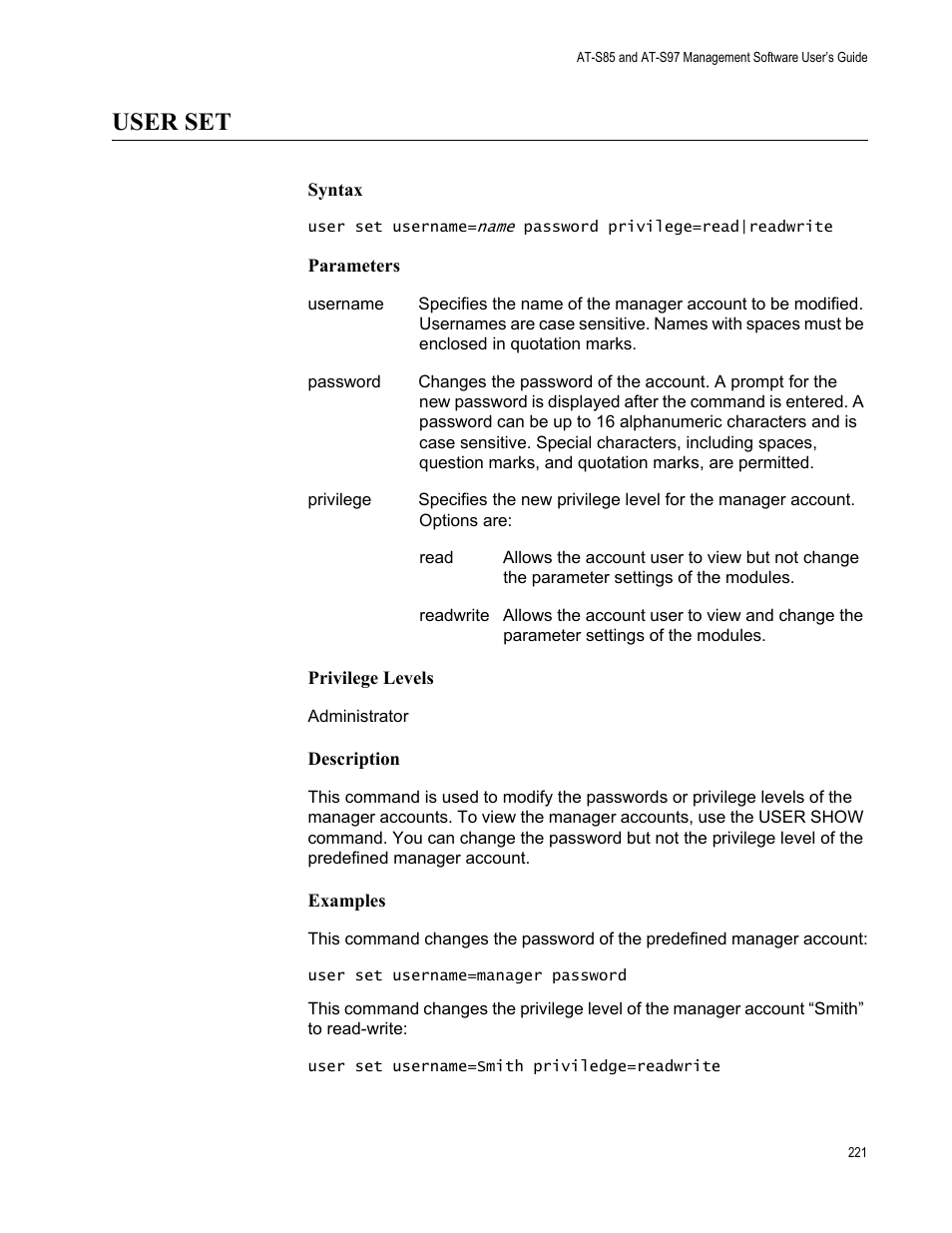 User set | Allied Telesis AT-S97 User Manual | Page 221 / 248