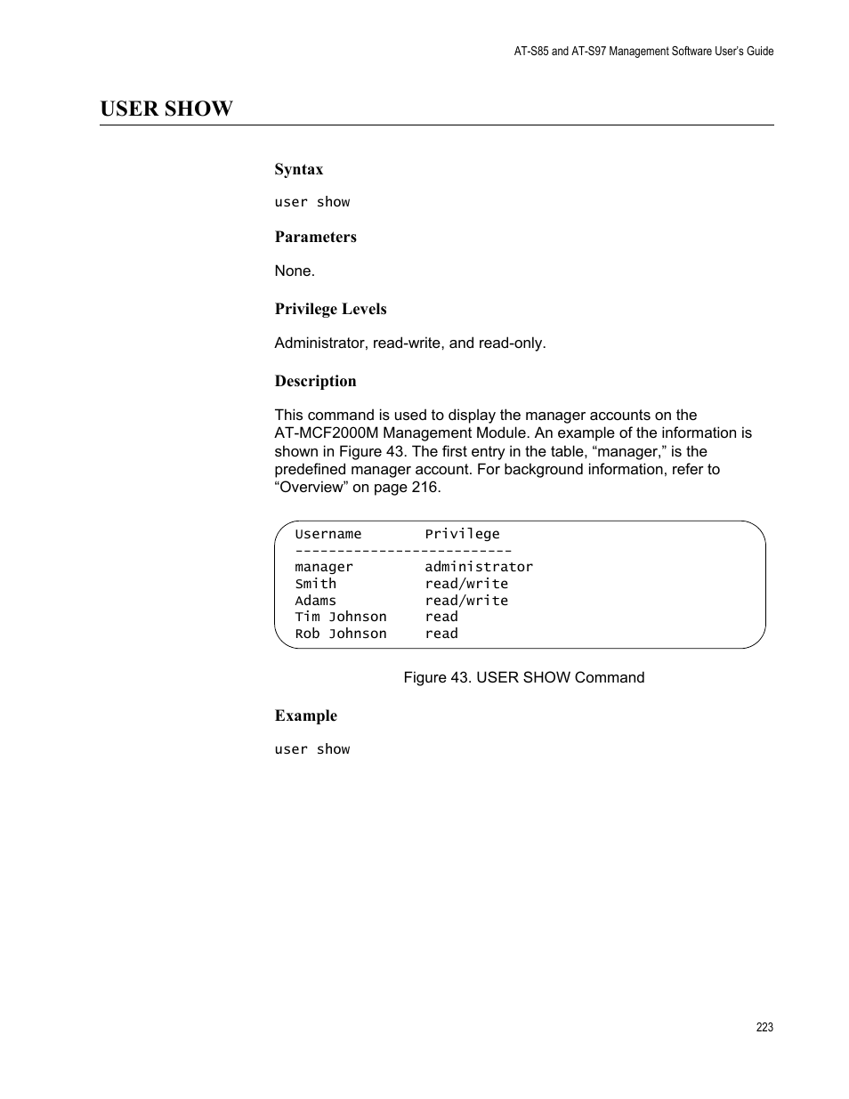 User show, Figure 43: user show command | Allied Telesis AT-S97 User Manual | Page 223 / 248