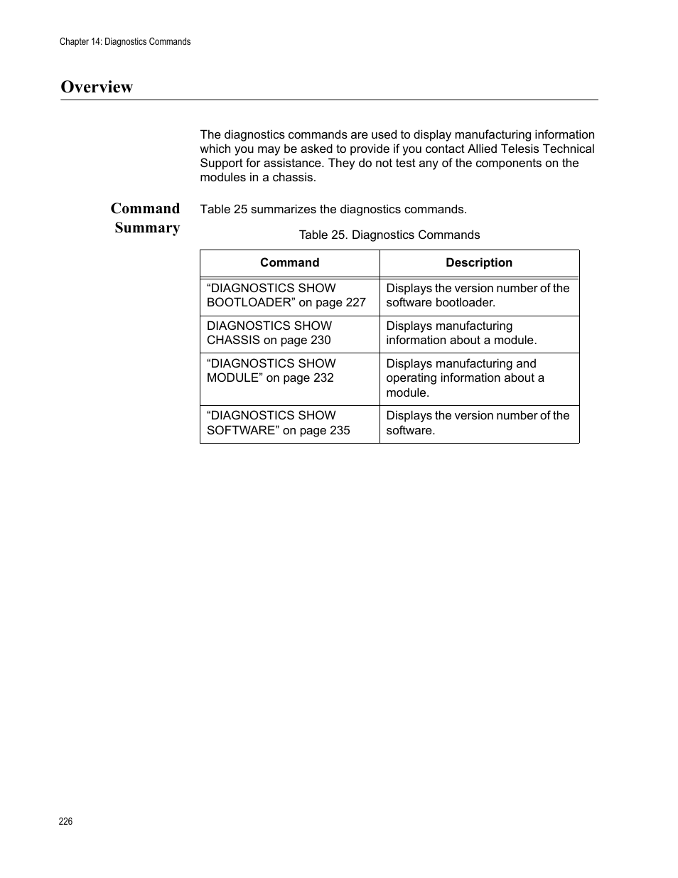 Overview, Command summary, Table 25: diagnostics commands | Allied Telesis AT-S97 User Manual | Page 226 / 248