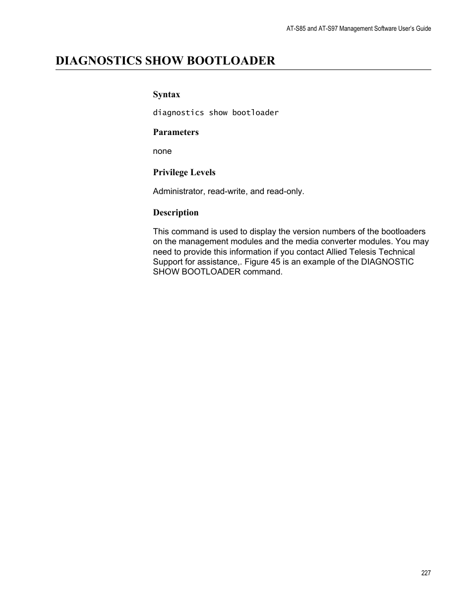 Diagnostics show bootloader | Allied Telesis AT-S97 User Manual | Page 227 / 248