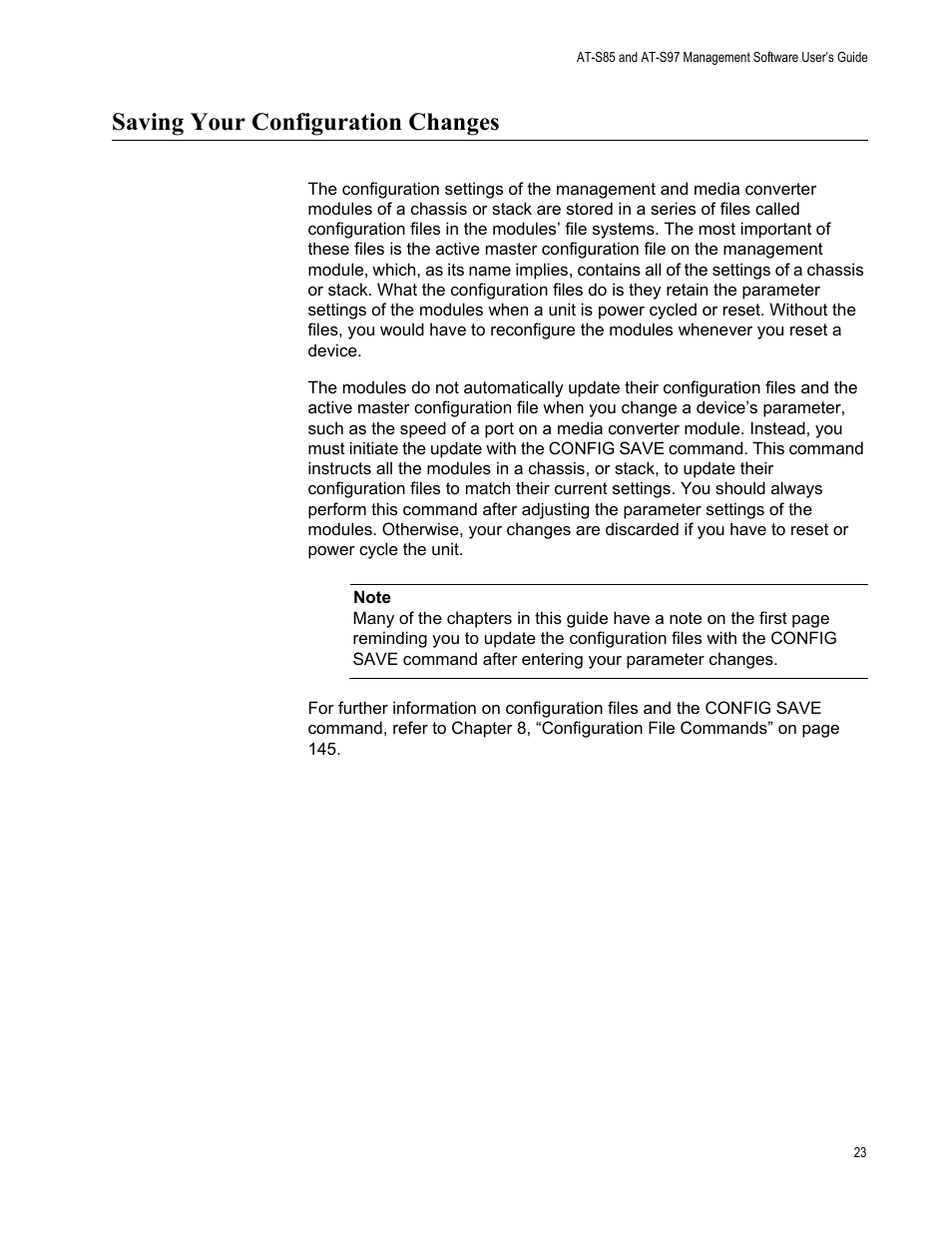 Saving your configuration changes | Allied Telesis AT-S97 User Manual | Page 23 / 248