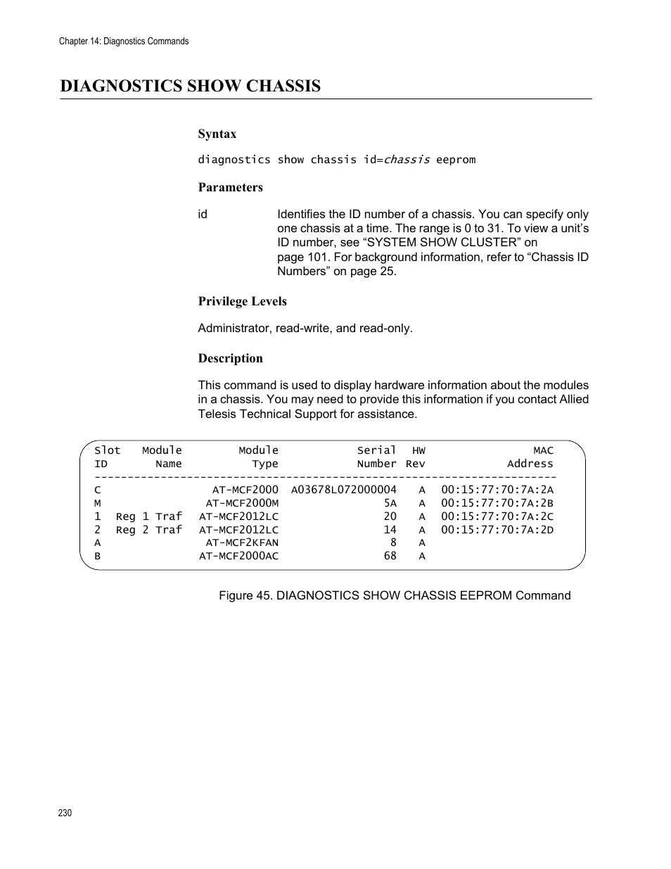 Diagnostics show chassis, Figure 45: diagnostics show chassis eeprom command | Allied Telesis AT-S97 User Manual | Page 230 / 248