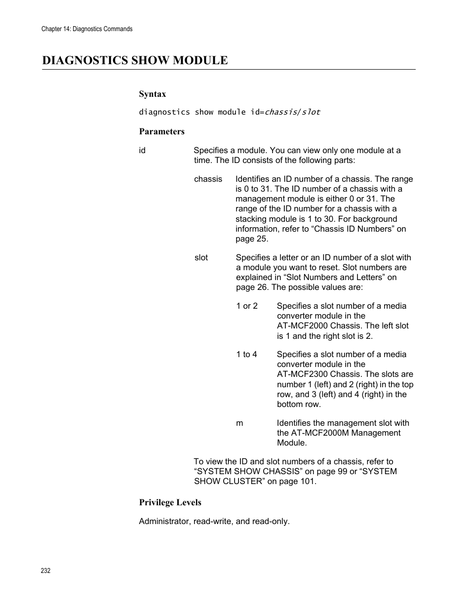 Diagnostics show module | Allied Telesis AT-S97 User Manual | Page 232 / 248