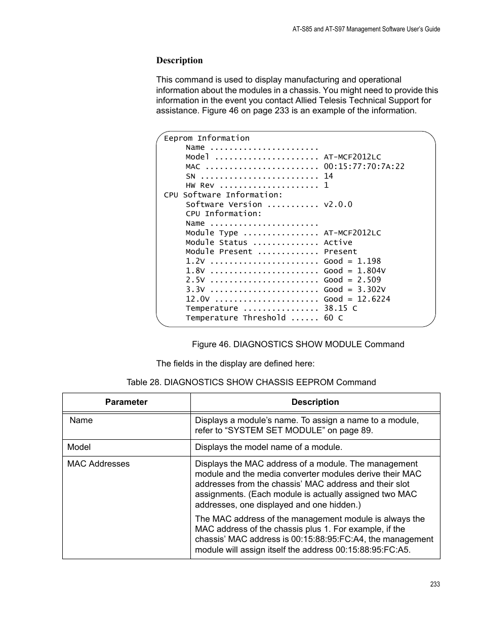Figure 46: diagnostics show module command, Table 28: diagnostics show chassis eeprom command | Allied Telesis AT-S97 User Manual | Page 233 / 248