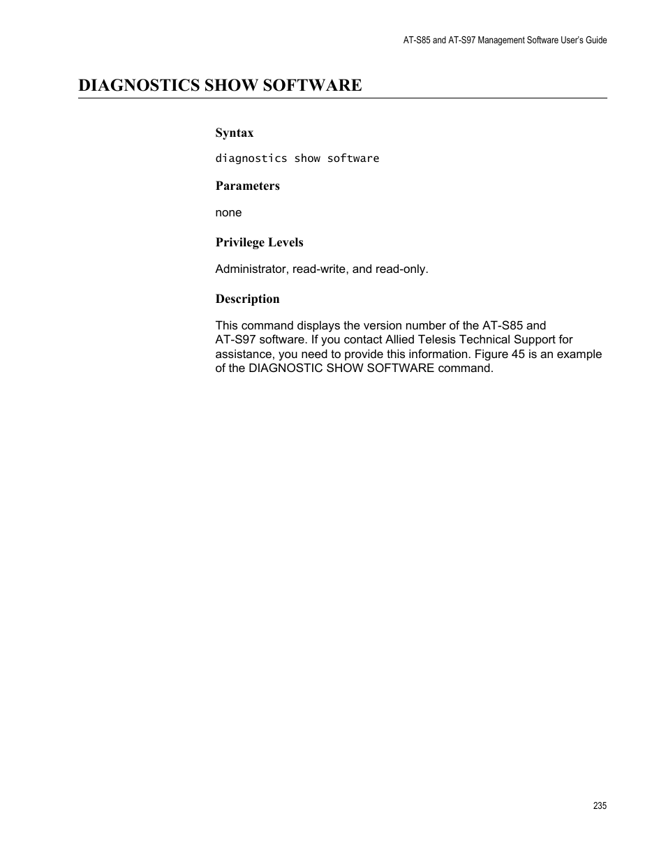 Diagnostics show software | Allied Telesis AT-S97 User Manual | Page 235 / 248