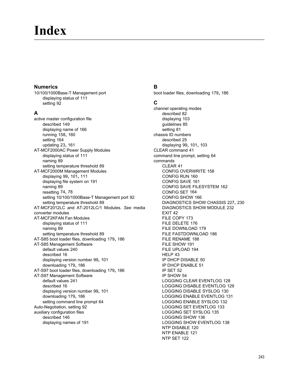 Index, Numerics | Allied Telesis AT-S97 User Manual | Page 243 / 248