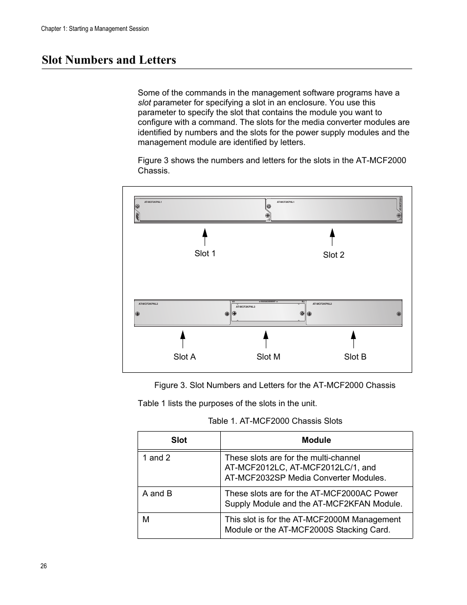 Slot numbers and letters, Table 1: at-mcf2000 chassis slots | Allied Telesis AT-S97 User Manual | Page 26 / 248