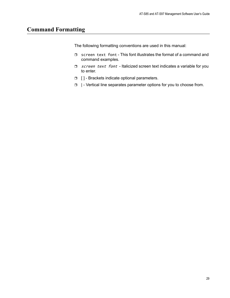 Command formatting | Allied Telesis AT-S97 User Manual | Page 29 / 248