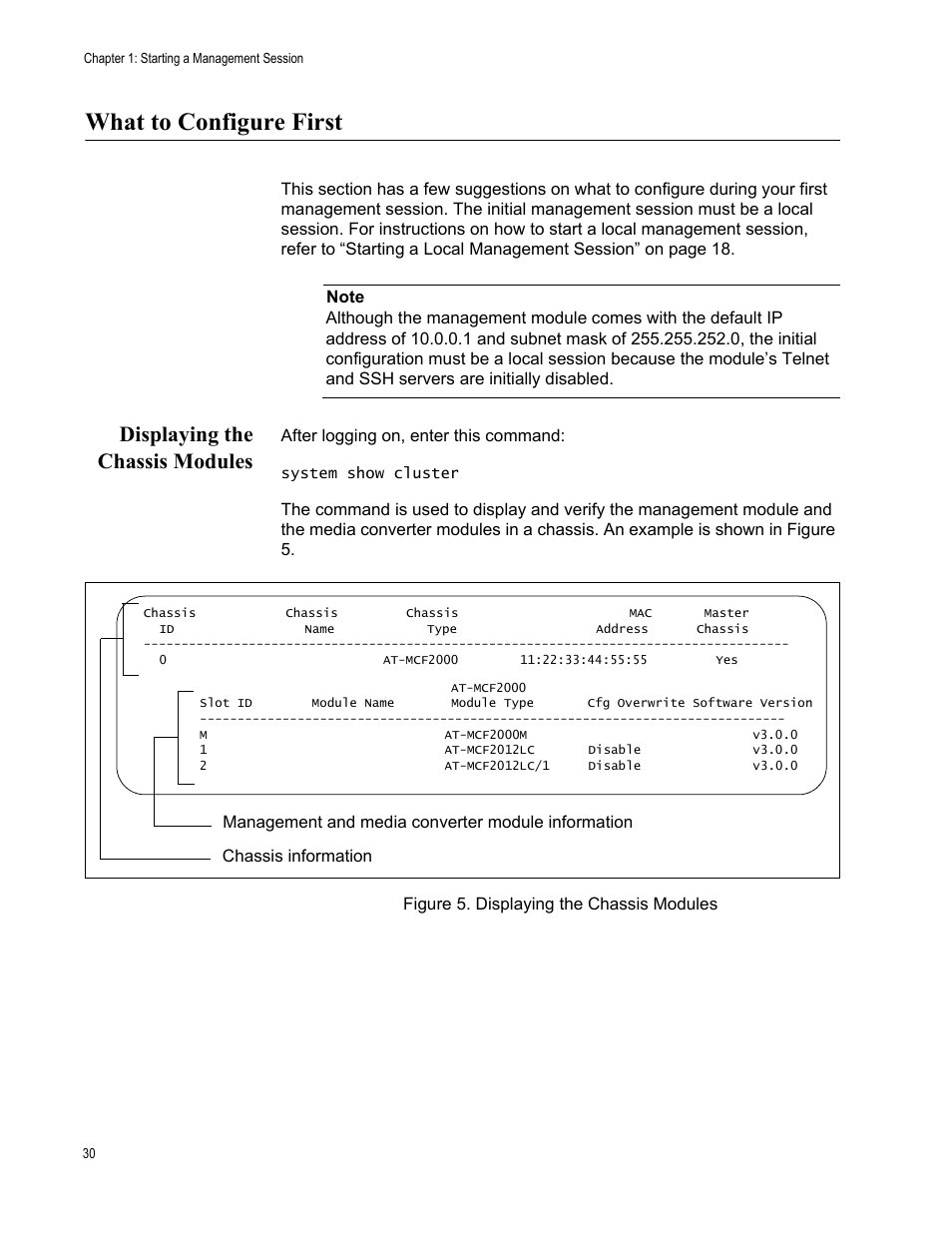 What to configure first, Displaying the chassis modules, Figure 5: displaying the chassis modules | Allied Telesis AT-S97 User Manual | Page 30 / 248