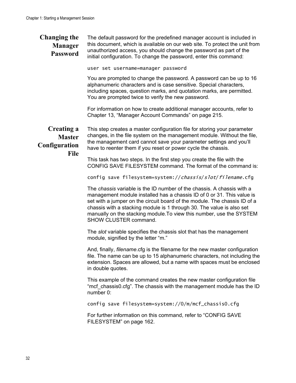 Changing the manager password, Creating a master configuration file | Allied Telesis AT-S97 User Manual | Page 32 / 248