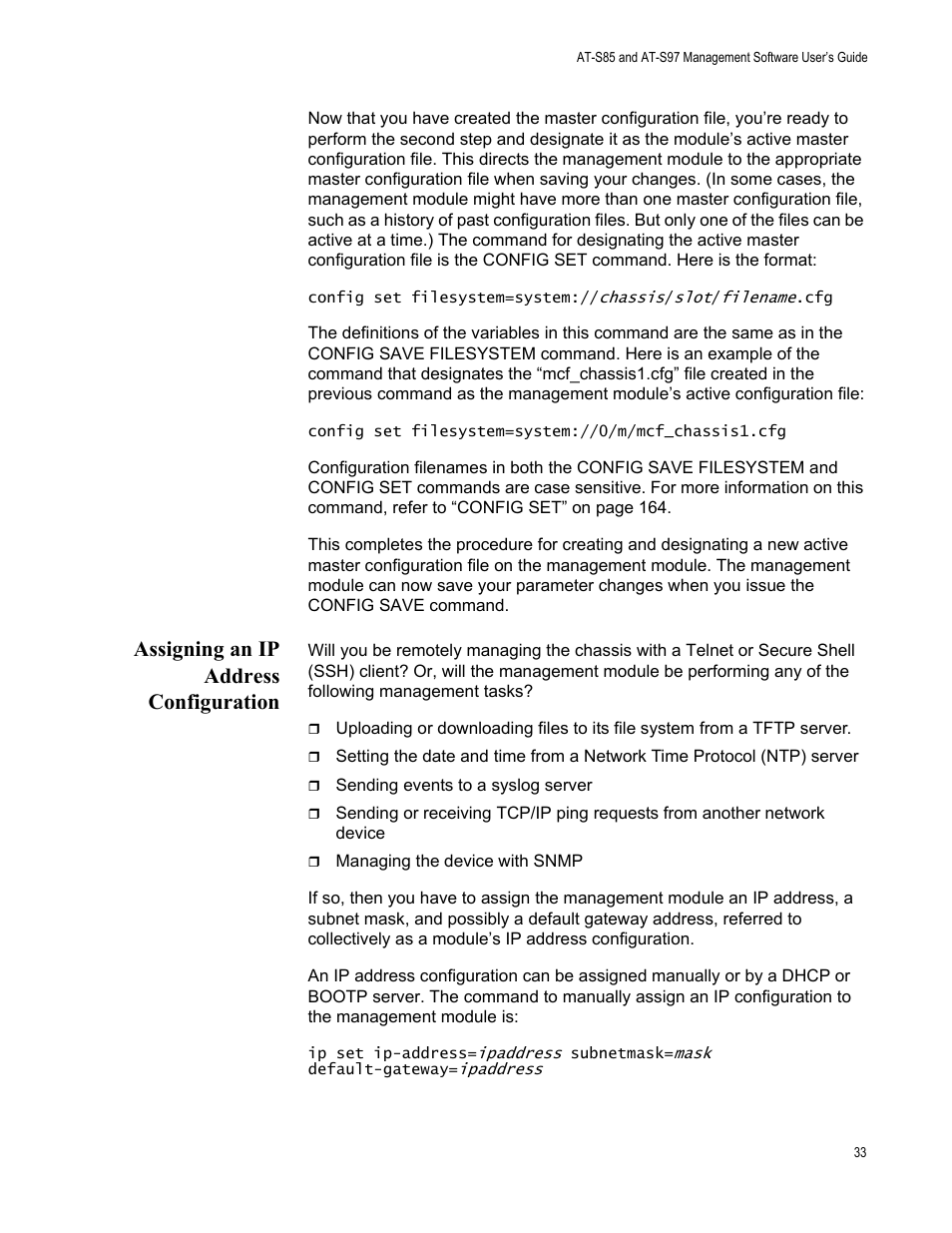 Assigning an ip address configuration | Allied Telesis AT-S97 User Manual | Page 33 / 248