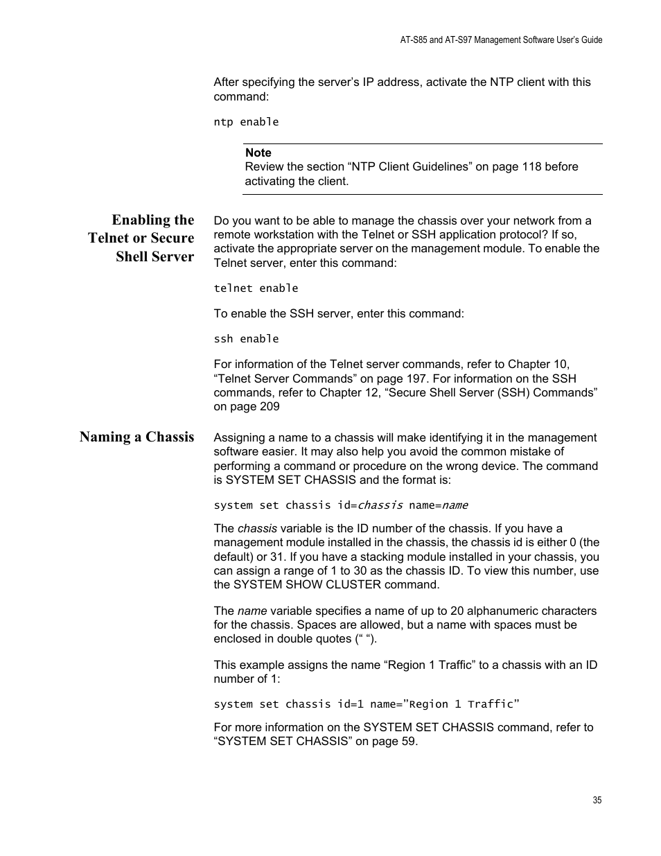 Enabling the telnet or secure shell server, Naming a chassis | Allied Telesis AT-S97 User Manual | Page 35 / 248