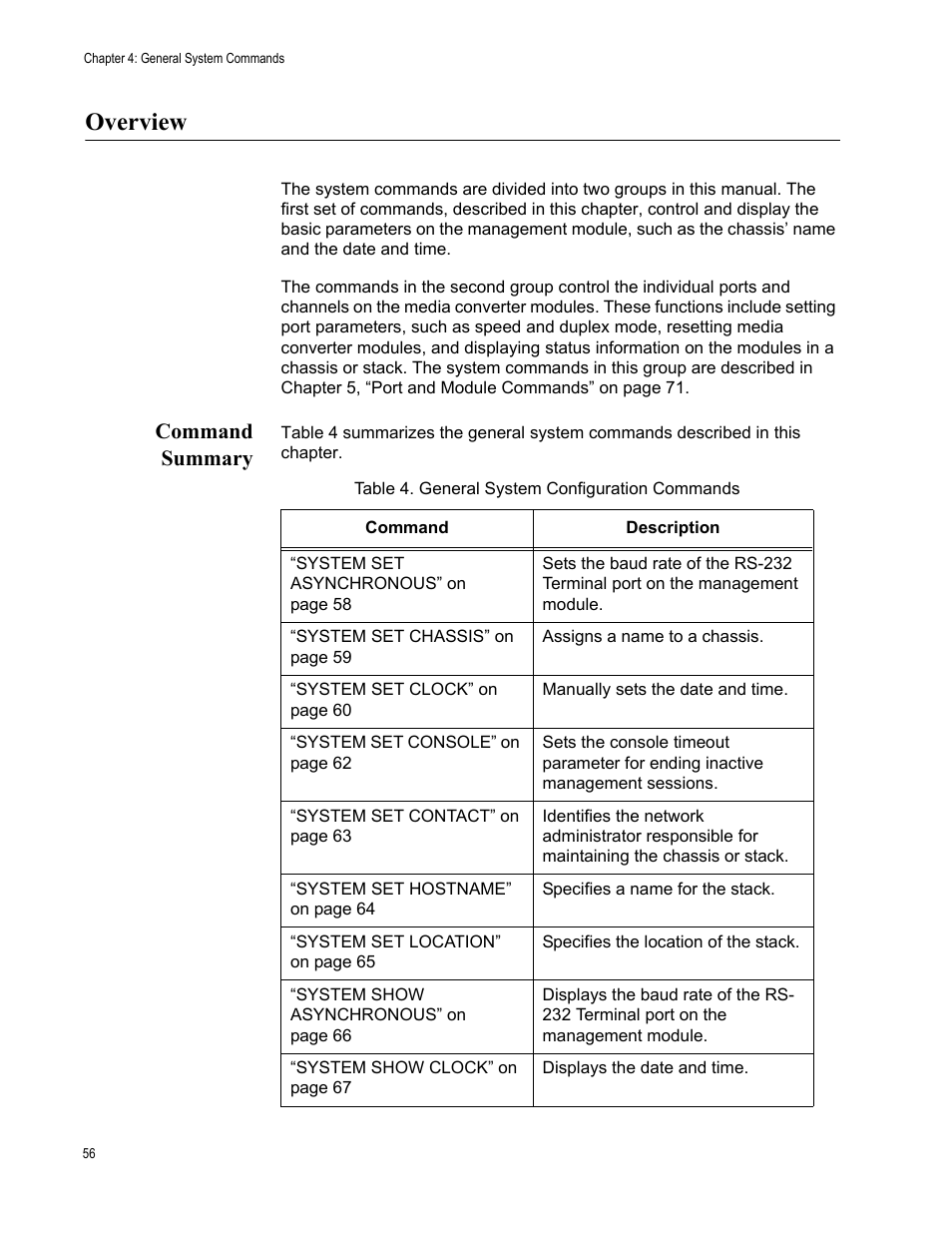 Overview, Command summary, Table 4: general system configuration commands | Allied Telesis AT-S97 User Manual | Page 56 / 248