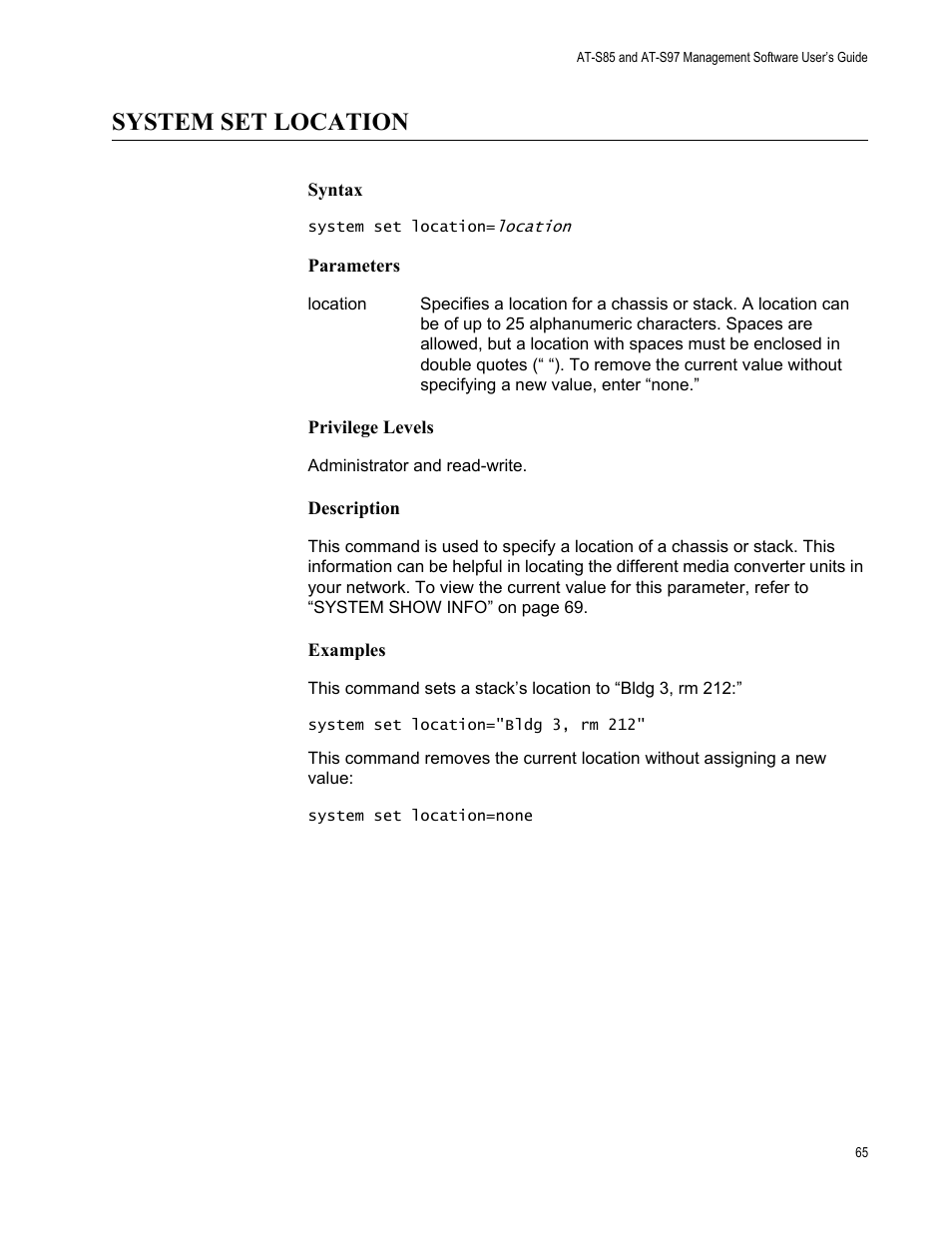 System set location | Allied Telesis AT-S97 User Manual | Page 65 / 248