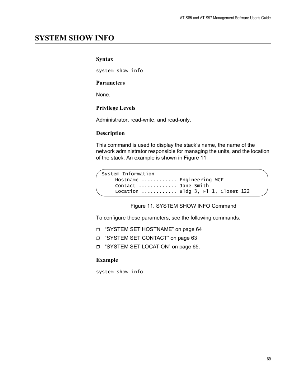 System show info, Figure 11: system show info command | Allied Telesis AT-S97 User Manual | Page 69 / 248