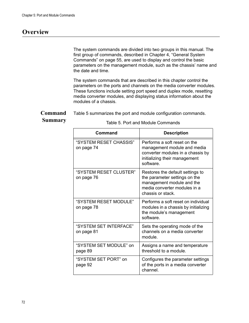 Overview, Command summary, Table 5: port and module commands | Allied Telesis AT-S97 User Manual | Page 72 / 248