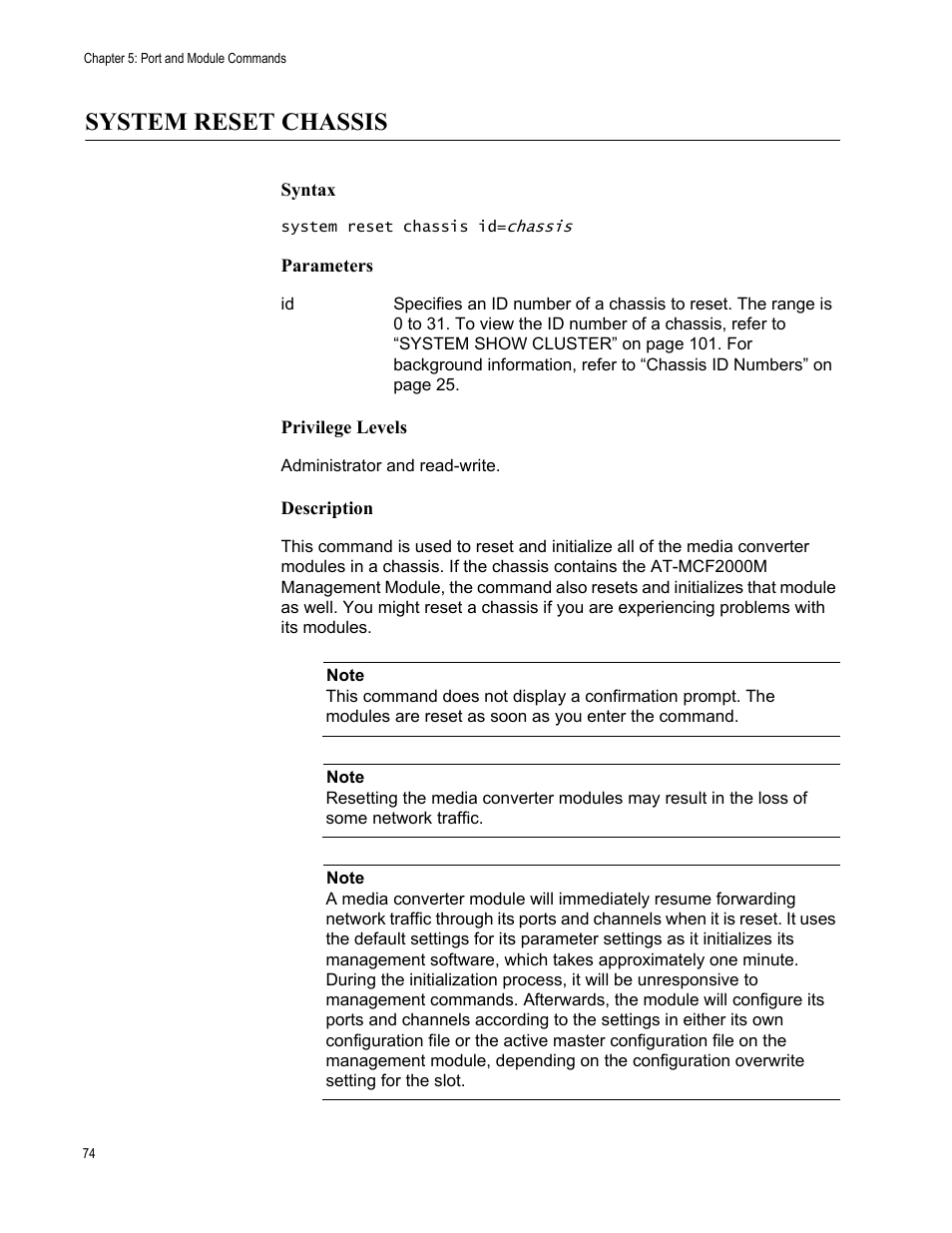 System reset chassis | Allied Telesis AT-S97 User Manual | Page 74 / 248