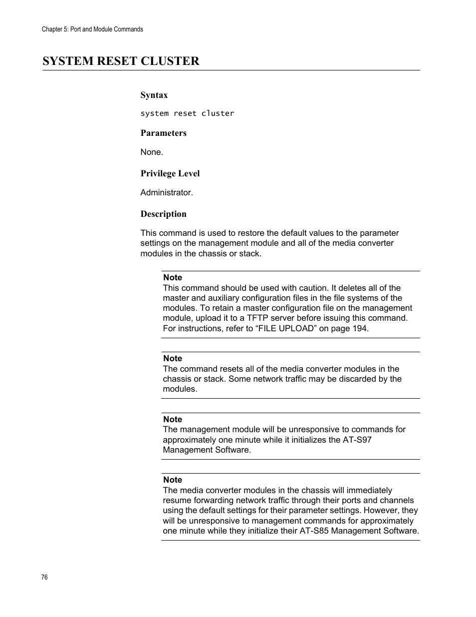 System reset cluster | Allied Telesis AT-S97 User Manual | Page 76 / 248