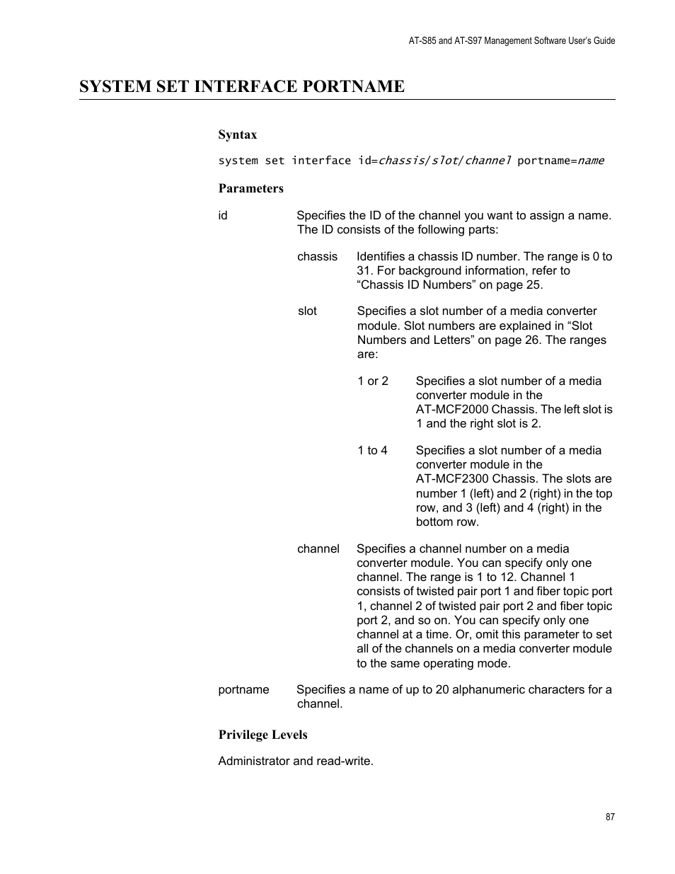 System set interface portname | Allied Telesis AT-S97 User Manual | Page 87 / 248