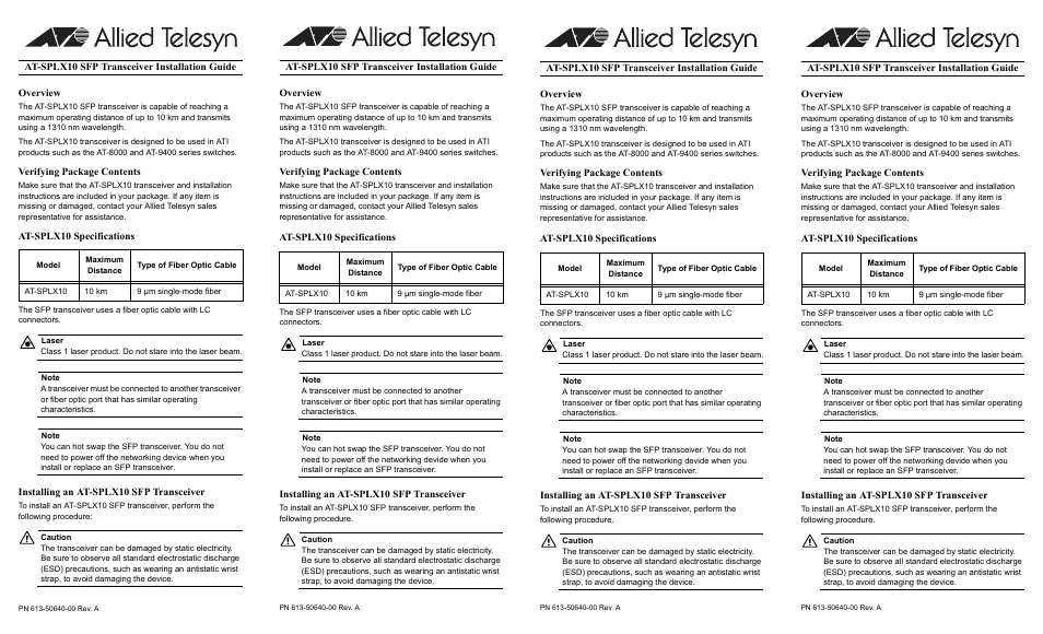 Allied Telesis AT-SPLX10 SFP User Manual | 2 pages