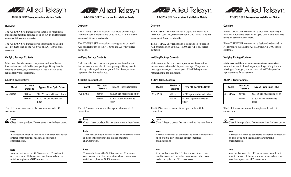 Allied Telesis AT-SPSX SFP User Manual | 2 pages