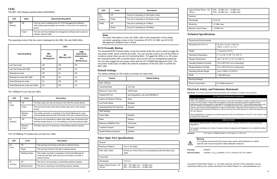Leds, Eco friendly button, Default settings | Allied Telesis AT-CM302 User Manual | Page 2 / 2