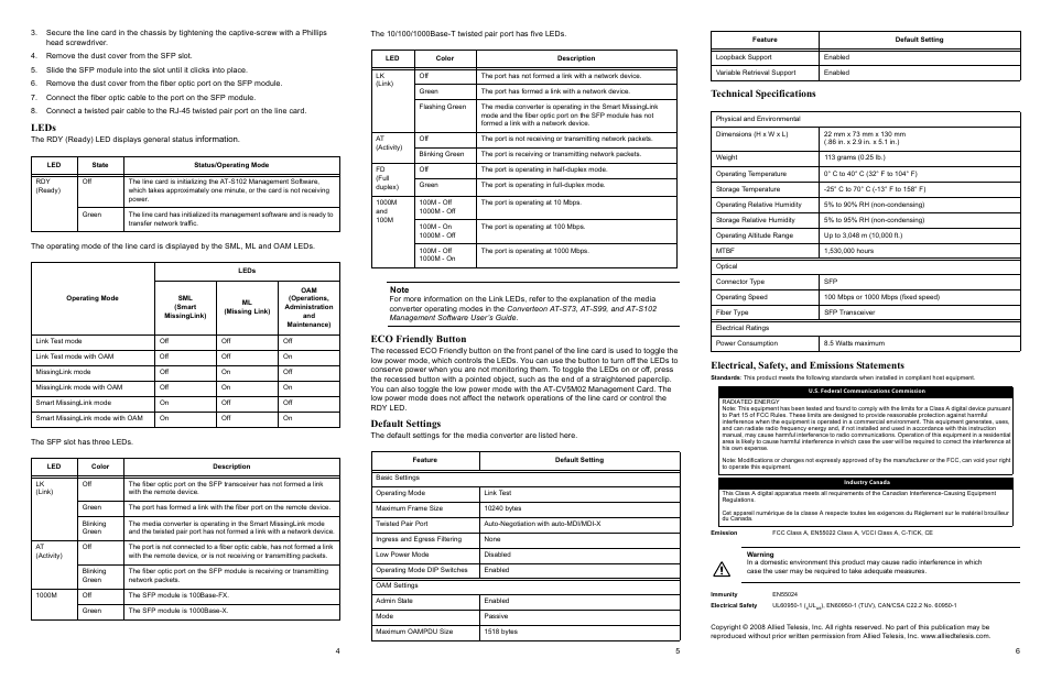 Leds, Eco friendly button, Default settings | Allied Telesis AT-CM3K0S User Manual | Page 2 / 2