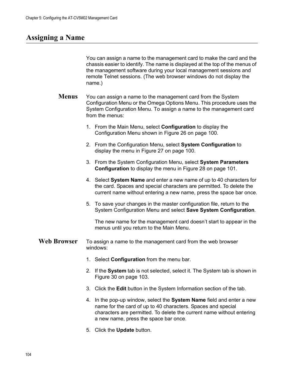 Assigning a name, Menus, Web browser | Menus web browser | Allied Telesis AT-S102 User Manual | Page 104 / 374