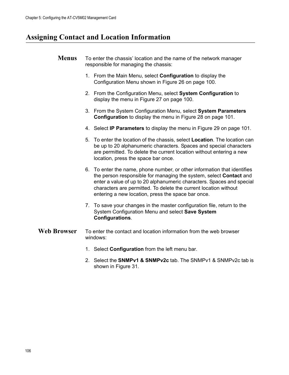 Assigning contact and location information, Menus, Web browser | Menus web browser | Allied Telesis AT-S102 User Manual | Page 106 / 374