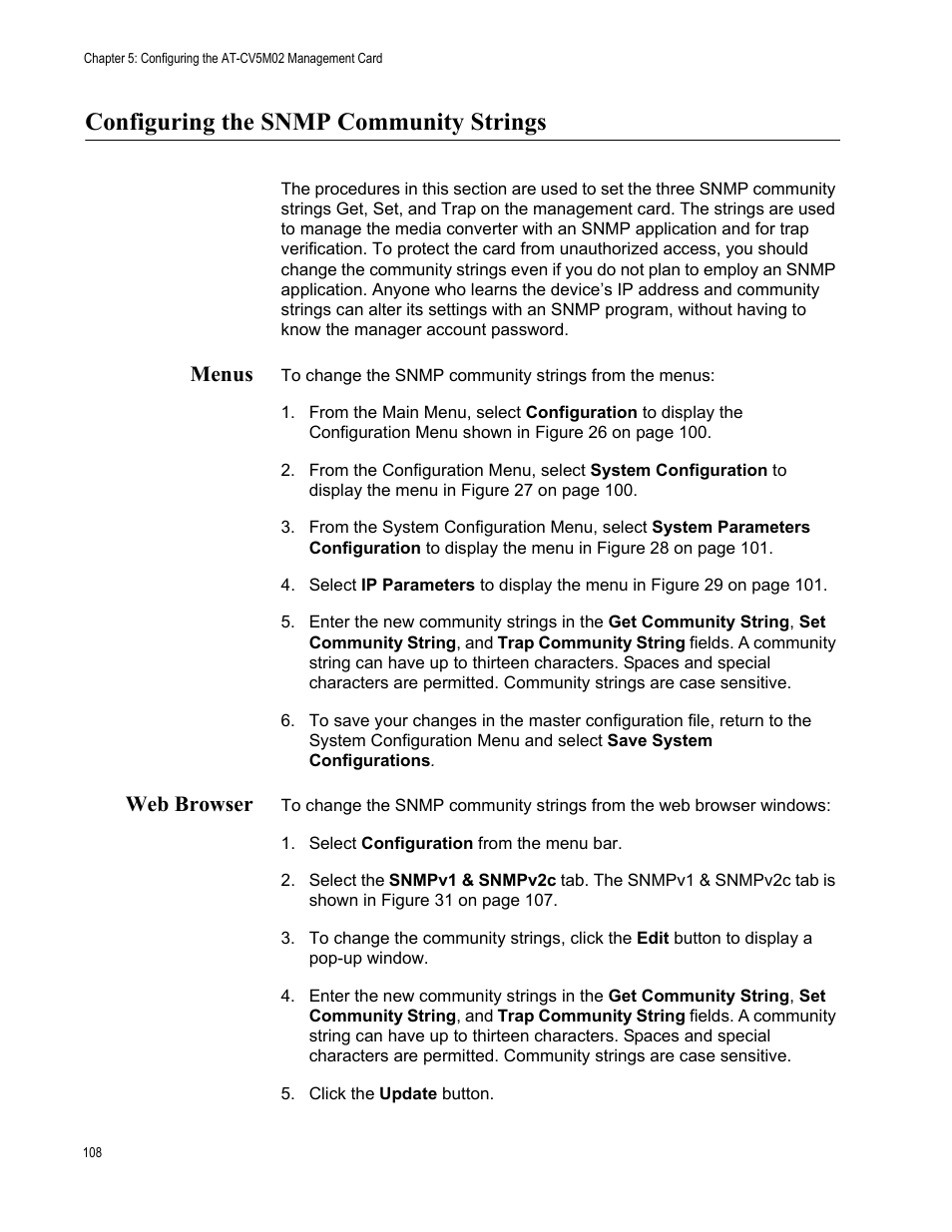 Configuring the snmp community strings, Menus, Web browser | Menus web browser | Allied Telesis AT-S102 User Manual | Page 108 / 374